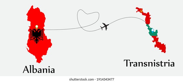 Airplane transport from Albania to Transnistria. Concept a good tour travel and business of both country. And flags symbol on maps. EPS.file.