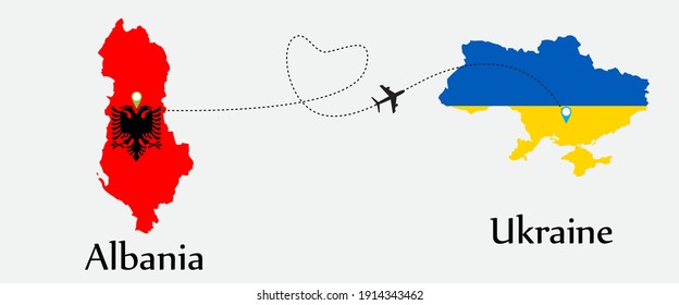 Airplane transport from Albania to Ukraine. Concept a good tour travel and business of both country. And flags symbol on maps. EPS.file.