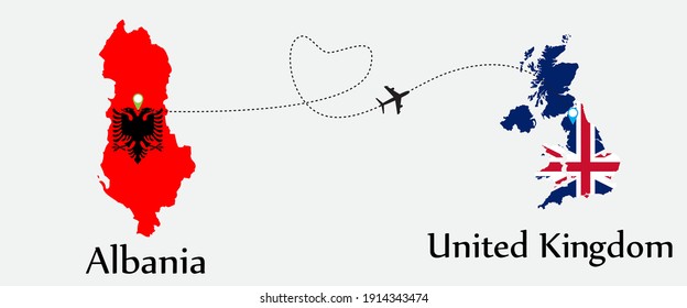 Airplane transport from Albania to United Kingdom. Concept a good tour travel and business of both country. And flags symbol on maps. EPS.file.