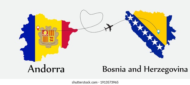 Airplane transport from Andorra to Bosnia and Herzegovina. Concept a good tour travel and business of both country. And flags symbol on maps. EPS.file.