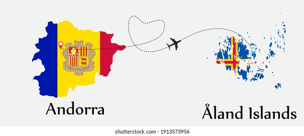 Airplane transport from Andorra to Åland Islands. Concept a good tour travel and business of both country. And flags symbol on maps. EPS.file.