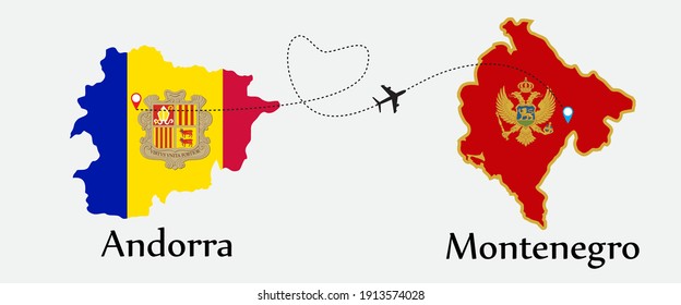 Transporte aéreo de Andorra a Montenegro. Concepto un buen viaje turístico y de negocios de ambos países. Y símbolo de banderas en los mapas. EPS.file.