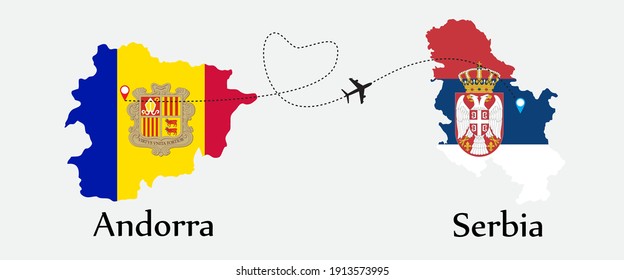 Airplane transport from Andorra to Serbia. Concept a good tour travel and business of both country. And flags symbol on maps. EPS.file.