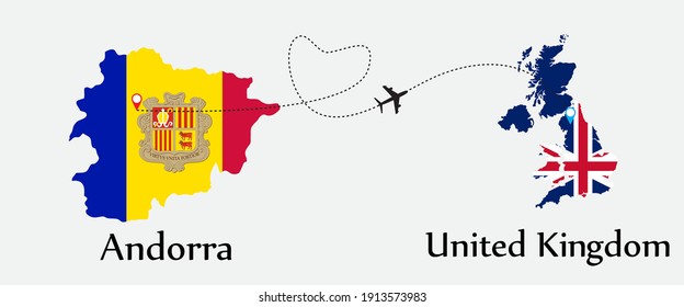 Airplane transport from Andorra to United Kingdom. Concept a good tour travel and business of both country. And flags symbol on maps. EPS.file.