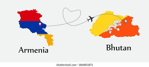 Airplane transport from Armenia to Bhutan. Concept a good tour travel and business of both country.