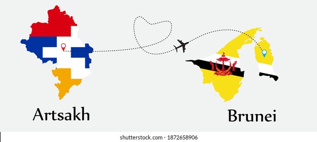 Airplane transport from Artsakh to Brunei. Concept a good tour travel and business of both country. And flags symbol on maps. EPS.file.