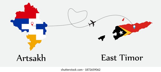 Airplane transport from Artsakh to East Timor. Concept a good tour travel and business of both country. And flags symbol on maps. EPS.file.