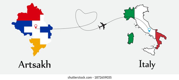 Airplane transport from Artsakh to Italy. Concept a good tour travel and business of both country. And flags symbol on maps. EPS.file.