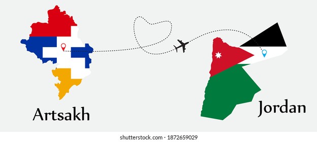 Airplane transport from Artsakh to Jordan. Concept a good tour travel and business of both country. And flags symbol on maps. EPS.file.