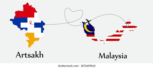 Airplane transport from Artsakh to Malaysia. Concept a good tour travel and business of both country. And flags symbol on maps. EPS.file.