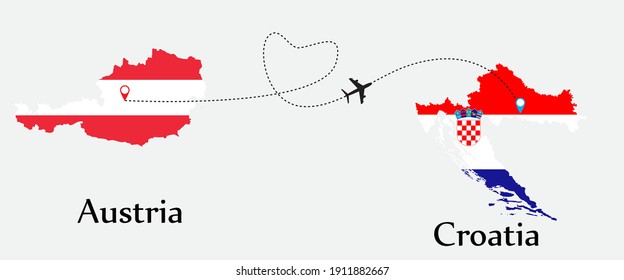Airplane transport from Austria to Croatia. Concept a good tour travel and business of both country. And flags symbol on maps. EPS.file.