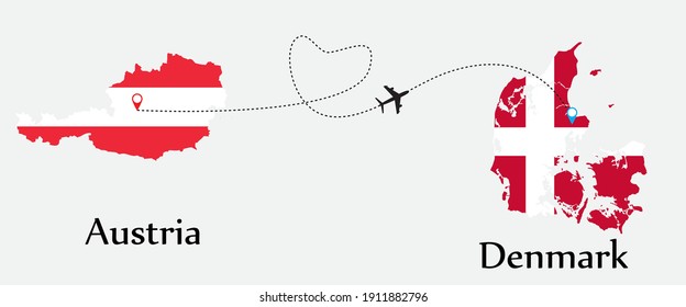 Airplane transport from Austria to Denmark. Concept a good tour travel and business of both country. And flags symbol on maps. EPS.file.