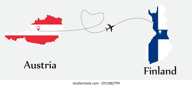 Airplane transport from Austria to Finland. Concept a good tour travel and business of both country. And flags symbol on maps. EPS.file.