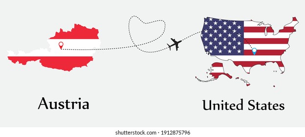 Airplane transport from Austria to United States. Concept a good tour travel and business of both country. And flags symbol on maps. EPS.file.