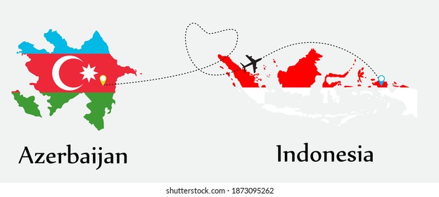 Airplane transport from Azerbaijan to Indonesia. Concept a good tour travel and business of both country. And flags symbol on maps. EPS.file.