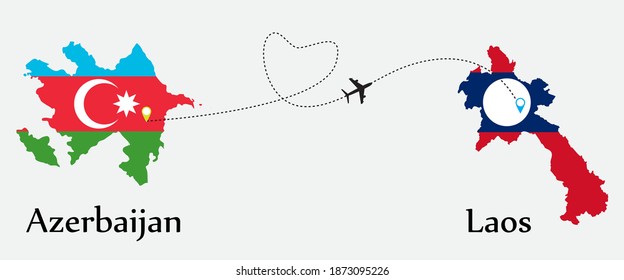 Airplane transport from Azerbaijan to Laos. Concept a good tour travel and business of both country. And flags symbol on maps. EPS.file.