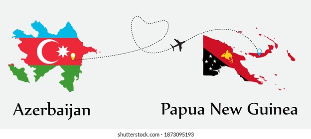 Airplane transport from Azerbaijan to Papua New Guinea. Concept a good tour travel and business of both country. And flags symbol on maps. EPS.file.