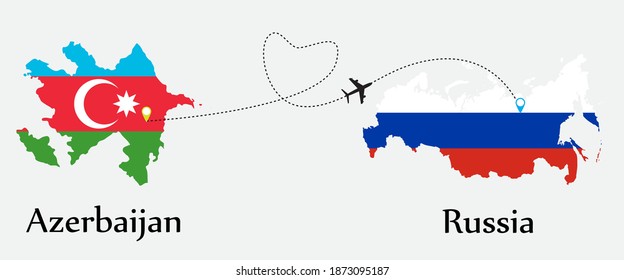 Airplane transport from Azerbaijan to Russia. Concept a good tour travel and business of both country. And flags symbol on maps. EPS.file.