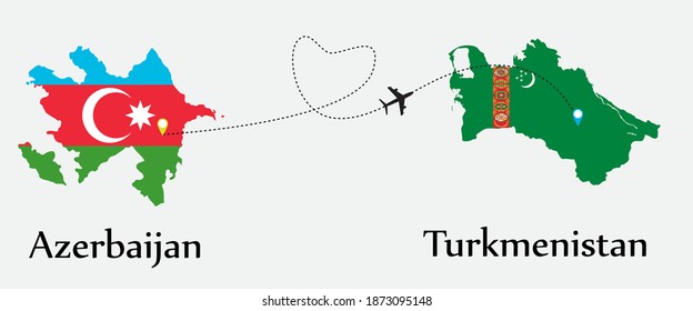 Airplane transport from Azerbaijan to Turkmenistan. Concept a good tour travel and business of both country. And flags symbol on maps. EPS.file.
