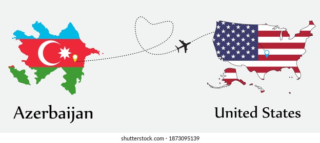 Airplane transport from Azerbaijan to United States. Concept a good tour travel and business of both country. And flags symbol on maps. EPS.file.