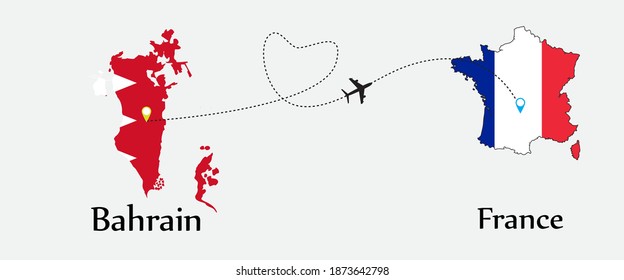 Airplane transport from Bahrain to France. Concept a good tour travel and business of both country. And flags symbol on maps. EPS.file.