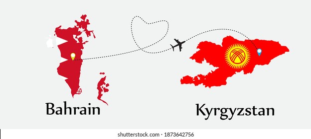 Airplane transport from Bahrain to Kyrgyzstan. Concept a good tour travel and business of both country. And flags symbol on maps. EPS.file.