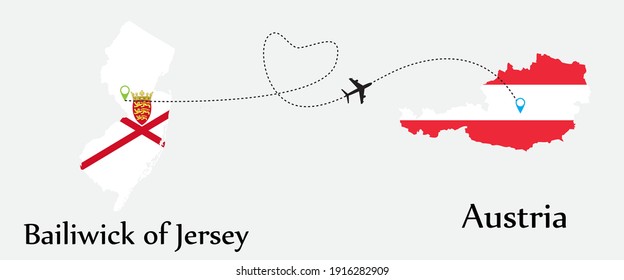 Airplane transport from Bailiwick of Jersey to Austria. Concept a good tour travel and business of both country. And flags symbol on maps. EPS.file.