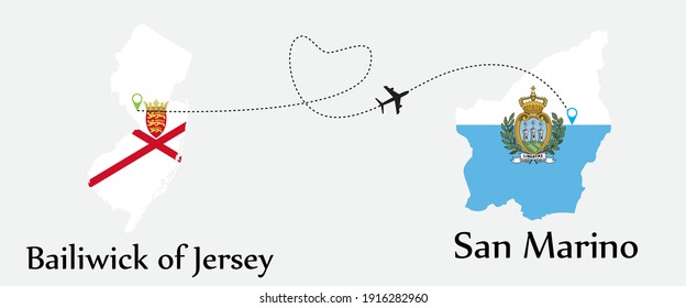 Airplane transport from Bailiwick of Jersey to San Marino. Concept a good tour travel and business of both country. And flags symbol on maps. EPS.file.