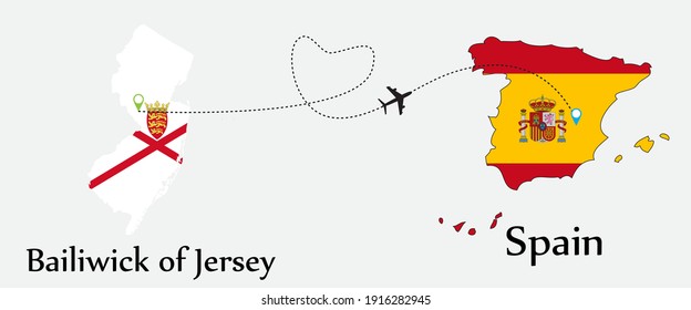 Airplane transport from Bailiwick of Jersey to Spain. Concept a good tour travel and business of both country. And flags symbol on maps. EPS.file.