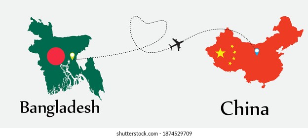 Airplane transport from Bangladesh to China. Concept a good tour travel and business of both country. And flags symbol on maps. EPS.file.