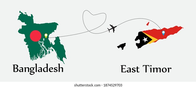 Airplane transport from Bangladesh to East Timor. Concept a good tour travel and business of both country. And flags symbol on maps. EPS.file.