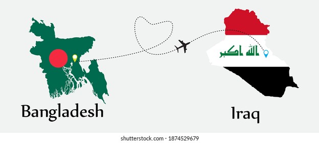 Airplane transport from Bangladesh to Iraq. Concept a good tour travel and business of both country. And flags symbol on maps. EPS.file.