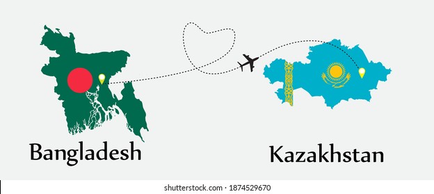 Airplane transport from Bangladesh to Kazakhstan. Concept a good tour travel and business of both country. And flags symbol on maps. EPS.file.