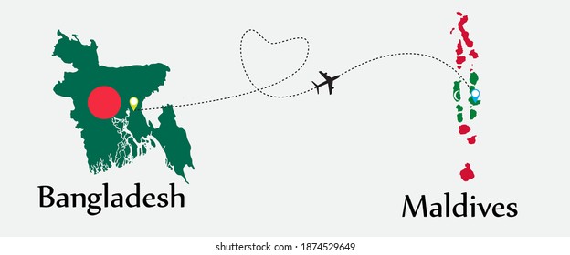 Airplane transport from Bangladesh to Maldives. Concept a good tour travel and business of both country. And flags symbol on maps. EPS.file.