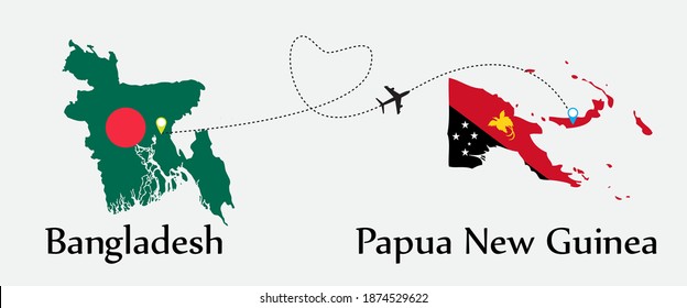 Airplane transport from Bangladesh to Papua New Guinea. Concept a good tour travel and business of both country. And flags symbol on maps. EPS.file.