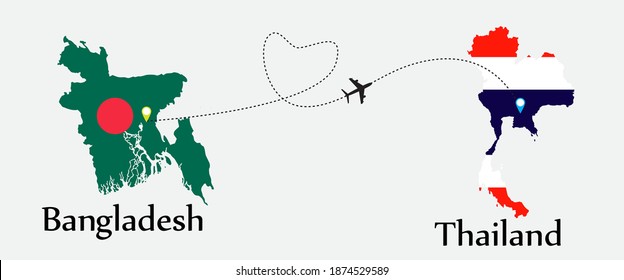 Airplane transport from Bangladesh to Thailand. Concept a good tour travel and business of both country. And flags symbol on maps. EPS.file.