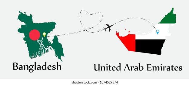 Airplane transport from Bangladesh to United Arab Emirates. Concept a good tour travel and business of both country. And flags symbol on maps. EPS.file.