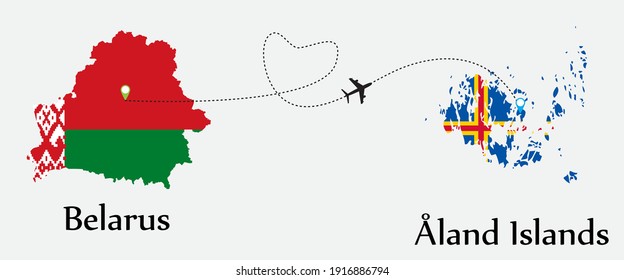 Airplane transport from Belarus to Åland Islands. Concept a good tour travel and business of both country. And flags symbol on maps. EPS.file.