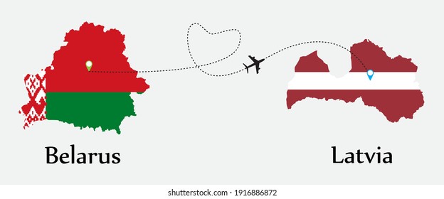 Airplane transport from Belarus to Latvia. Concept a good tour travel and business of both country. And flags symbol on maps. EPS.file.