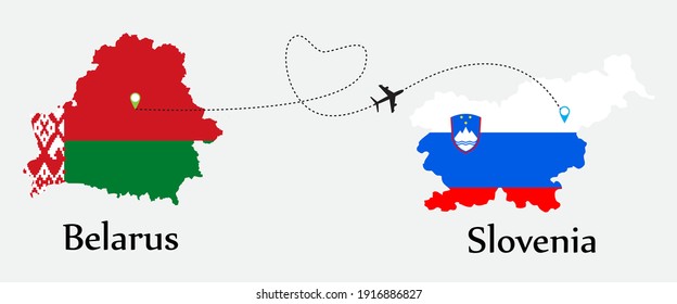 Airplane transport from Belarus to Slovenia. Concept a good tour travel and business of both country. And flags symbol on maps. EPS.file.