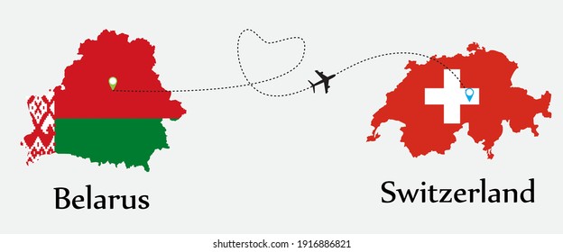 Airplane transport from Belarus to Switzerland. Concept a good tour travel and business of both country. And flags symbol on maps. EPS.file.