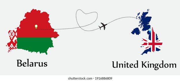 Airplane transport from Belarus to United Kingdom. Concept a good tour travel and business of both country. And flags symbol on maps. EPS.file.