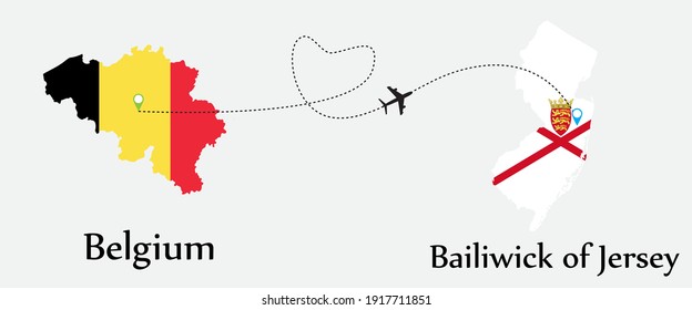 Airplane transport from Belgium to Bailiwick of Jersey. Concept a good tour travel and business of both country. And flags symbol on maps. EPS.file.