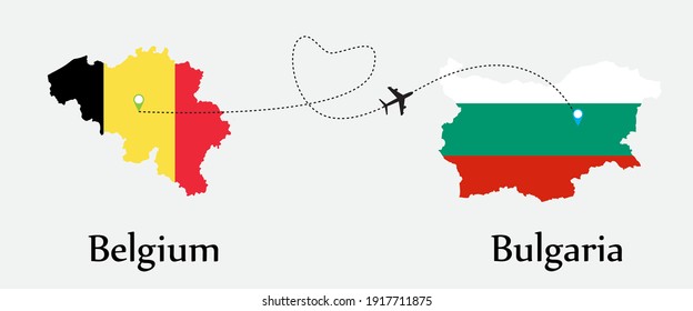 Airplane transport from Belgium to Bulgaria. Concept a good tour travel and business of both country. And flags symbol on maps. EPS.file.