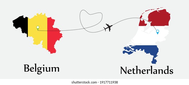 Transporte aéreo de Bélgica a los Países Bajos. Concepto un buen viaje turístico y de negocios de ambos países. Y símbolo de banderas en los mapas. EPS.file.