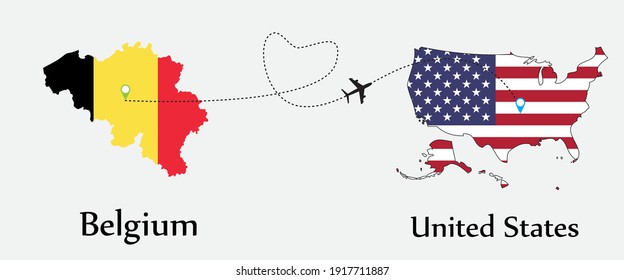 Airplane transport from Belgium to United States. Concept a good tour travel and business of both country. And flags symbol on maps. EPS.file.