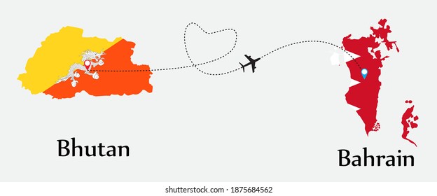 Airplane transport from Bhutan to Bahrain. Concept a good tour travel and business of both country. And flags symbol on maps. EPS.file.