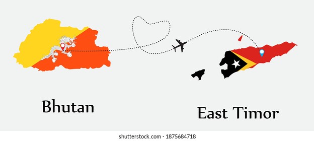 Airplane transport from Bhutan to East Timor. Concept a good tour travel and business of both country. And flags symbol on maps. EPS.file.