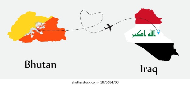 Airplane transport from Bhutan to Iraq. Concept a good tour travel and business of both country. And flags symbol on maps. EPS.file.