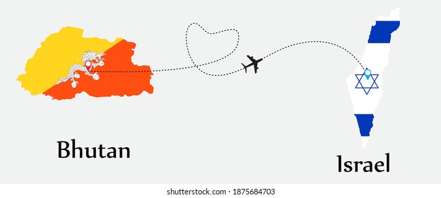 Airplane transport from Bhutan to Israel. Concept a good tour travel and business of both country. And flags symbol on maps. EPS.file.